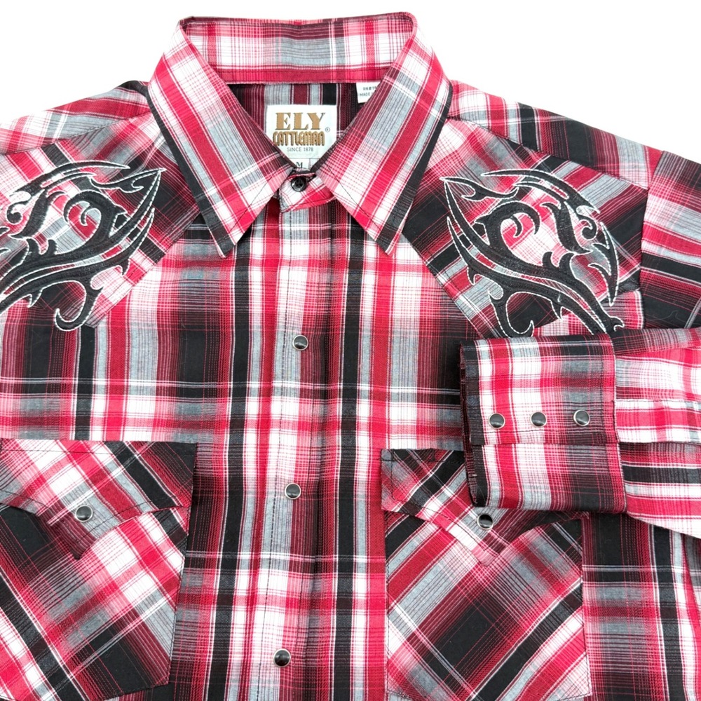 Ely Cattleman Western Shirt Mens M Red Black Plaid Black Pearl Snaps Embroidery